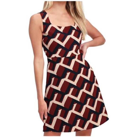 Lulus Dina Burgundy Square Neck Abstract Print Sleeveless Mini Dress Size Medium - Picture 1 of 9
